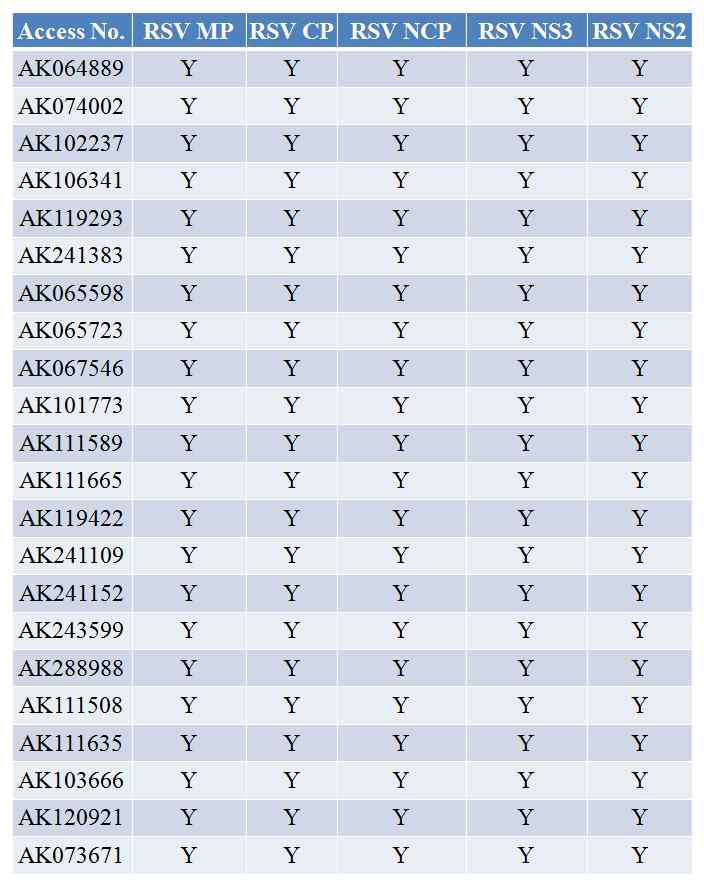 Yeast-two hybrid 시스템을 사용하여 5개의 RSV 단백질들과 22개의 저항성 유전자들 간의 상 호 작용 연구 결과이다. Y는 Y2B시스템을 이용해 상호작용 실험이 행해졌음을 나타낸다.