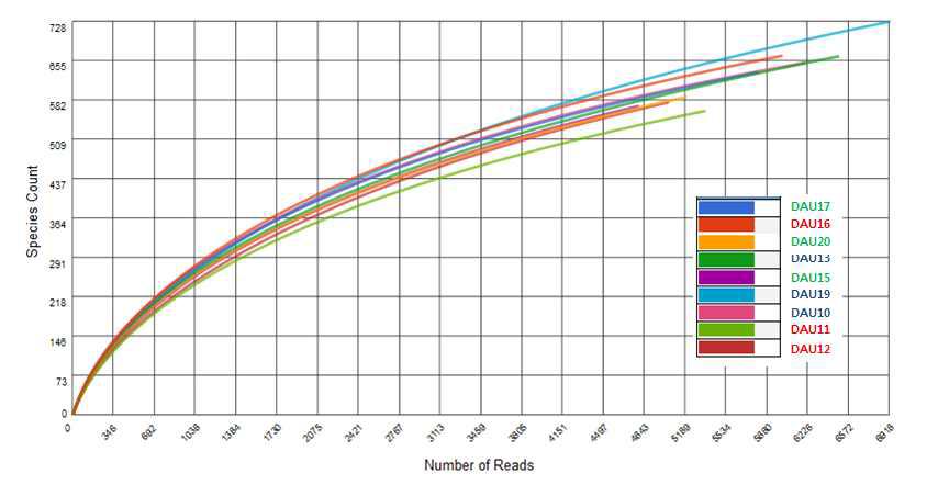 작물 근권 시료의 메타게놈 분석결과의 rarefaction 분석 결과