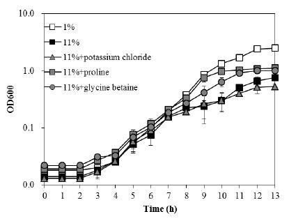 고염 조건에서 OJ82의 성장에 대한 osmoprotectant의 효과