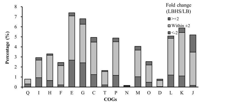 고염조건(NaCl 11%)에서 분석한 OJ82의 전사체 COG 분류 결과. COG 분류는 본문 설명 참조