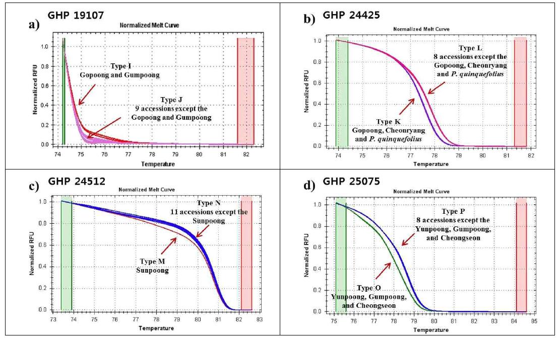 HRM 분석을 이용한 고려인삼 품종과 미국삼의 normalized melt curve 패턴; a, GHP 19107 프라이머; b, GHP 24425; c, GHP 24512; d, GHP 25075