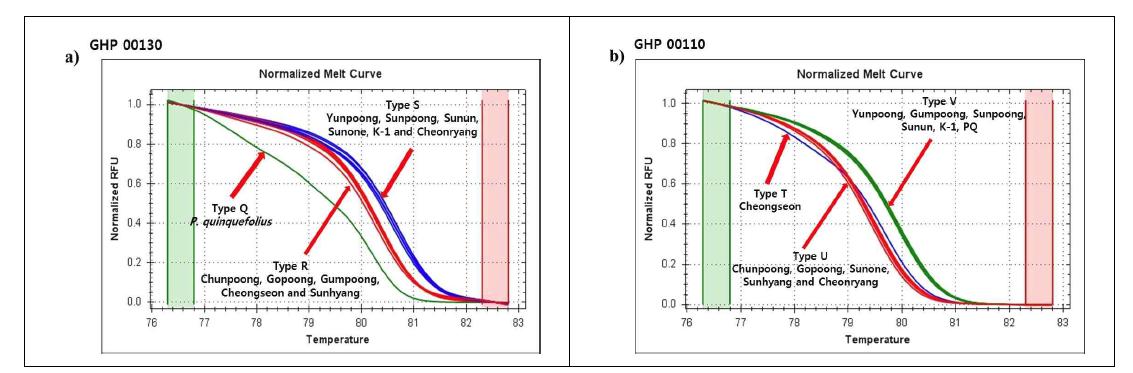 HRM 분석을 이용한 고려인삼 품종과 미국삼의 normalized melt curve 패턴; a, GHP 00130 프라이머; b, GHP 00110
