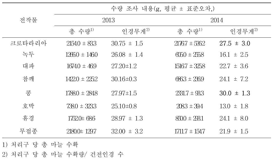 전작물 처리구 별 마늘 수량 비교