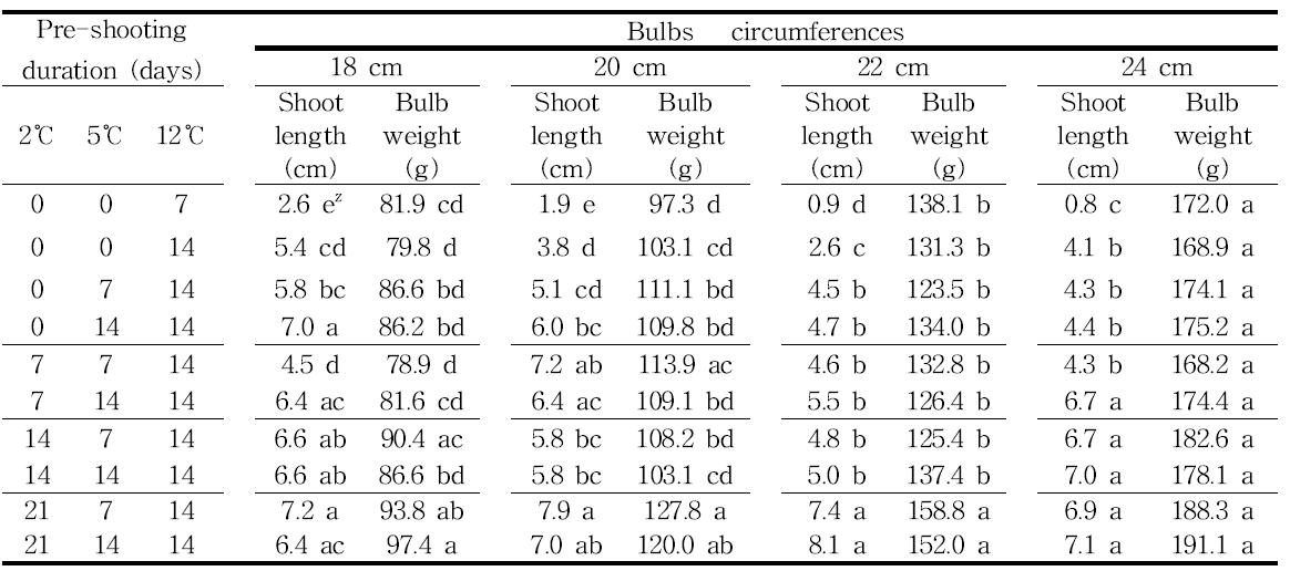 Bulbs characteristics after pre-shooting temperature and duration on bulbs circumferences of Lilium oriental hybrids ‘Siberia’ bulbs.