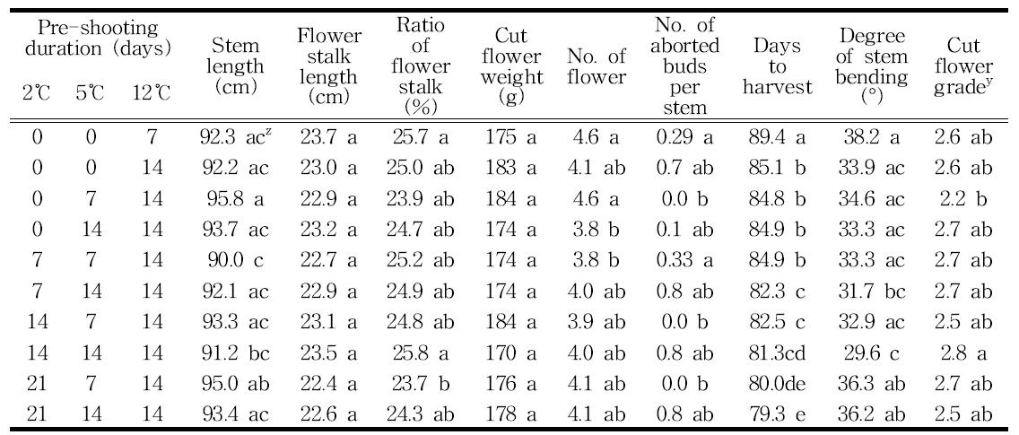 Effect of pre-shooting temperature and duration for enhancing cut flower quality of Lilium oriental hybrids ‘Siberia’ bulbs with 18 cm bulb circumference.
