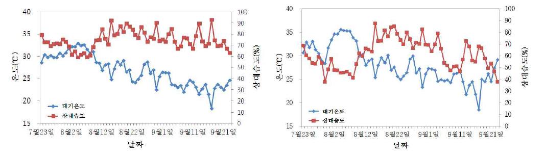 처리 기간 중 온실 내 대기온도와 상대습도