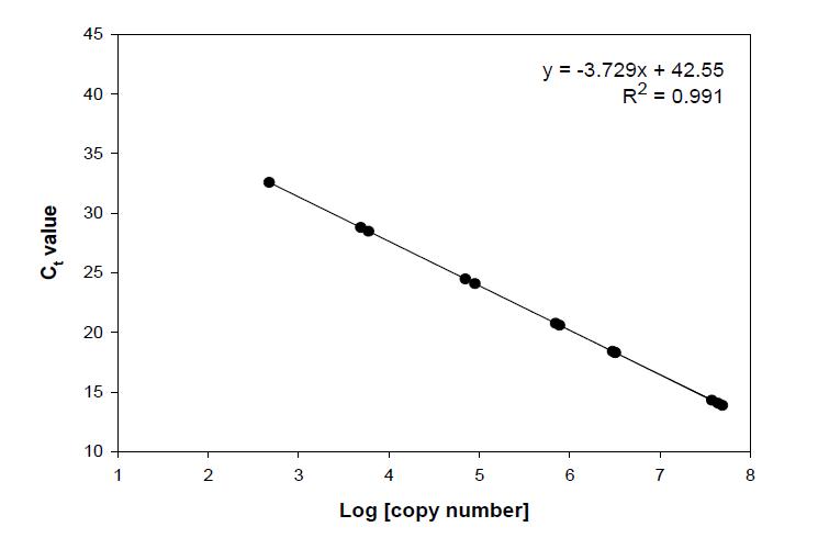 Standard curves for the norovirus real-time RT-PCR assay