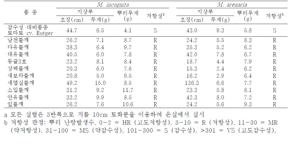 뿌리혹선충(M. incognita, M. arenaria)에 대한 참깨 및 들깨 품종 저항성