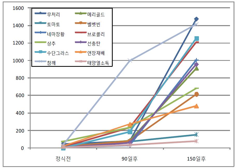 시험기간중 뿌리혹선충 유충의 밀도변화