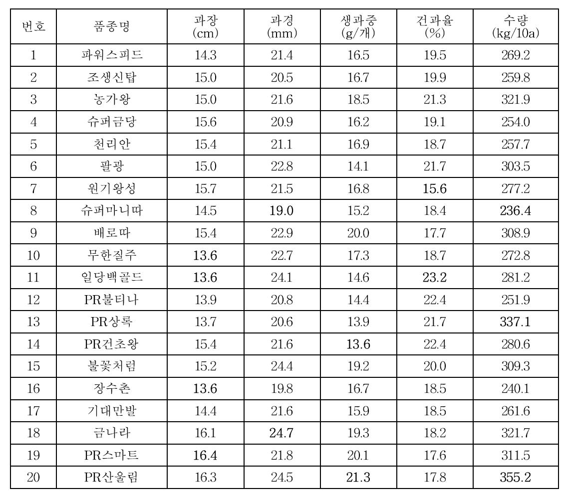 노지고추 논재배시 품종별 과실특성