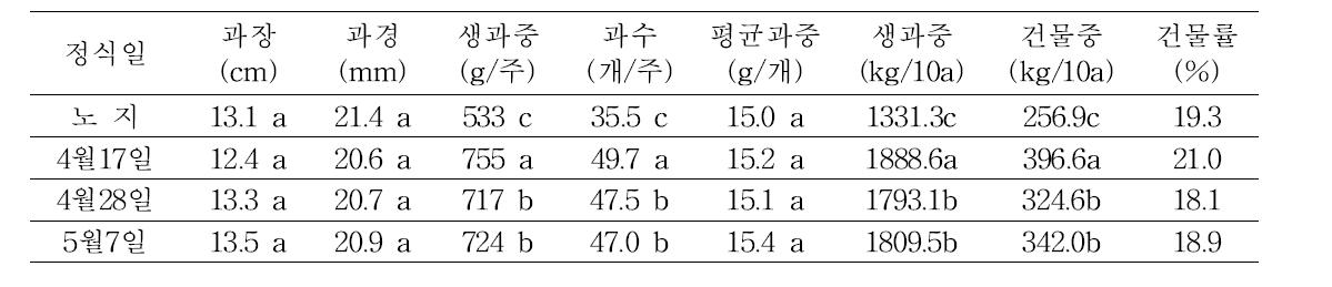 정식시기별 독야청청 품종의 품질 및 수량