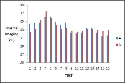 A, B돼지의 열화상카메라 온도 그래프