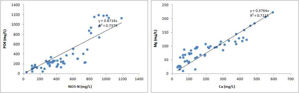 1, 2차 통합 상추의 N/P(좌), Ca/Mg(우)의 상관관계