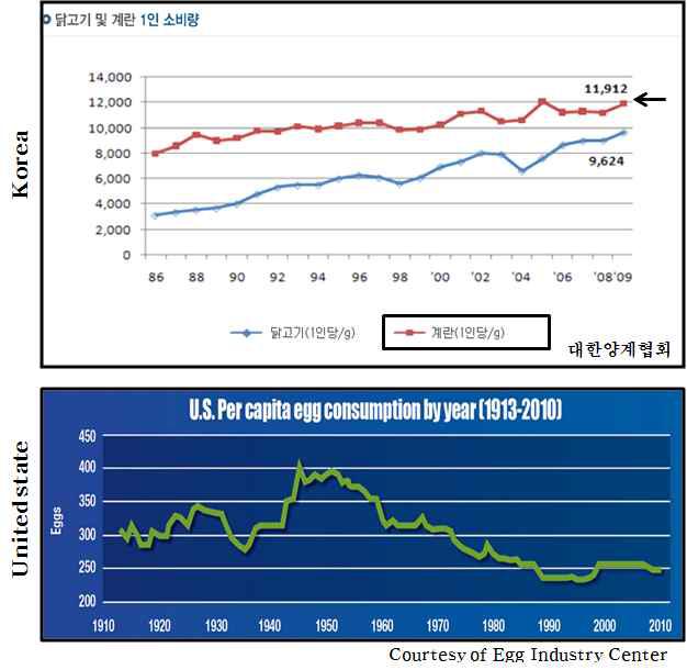 한국의 닭고기 및 계란 소비량과 미국의 계란 소비량 연도별 통계자료