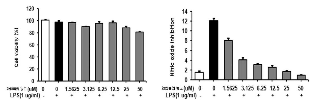 The cell viability and inhibitory effect of compound 5 against LPS-Induced NO production in RAW 264.7 macrophage cells. 라.