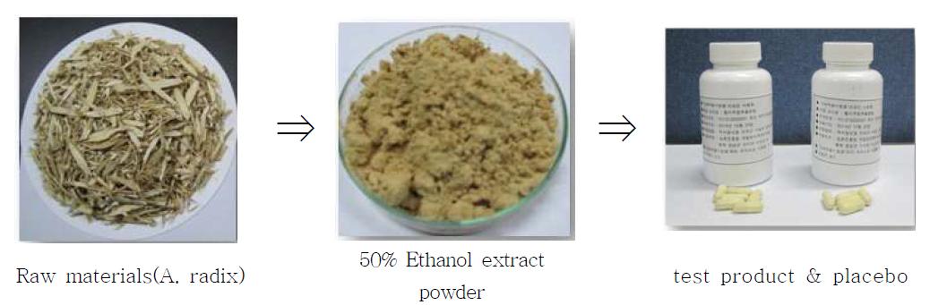 The process of preparation for test product and placebo from raw materials of dred Astragali radix.