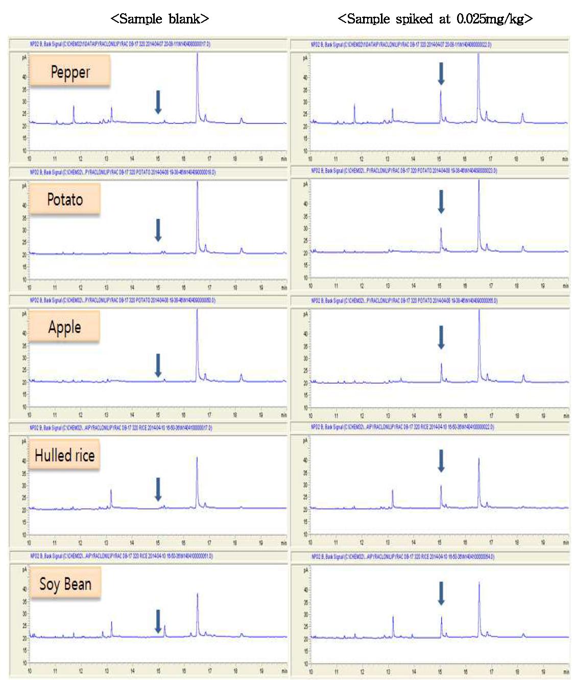 Chromatogram of sample extracts obtained by sample preparation and GC/NPD analysis at 0.025mg/kg spiking level