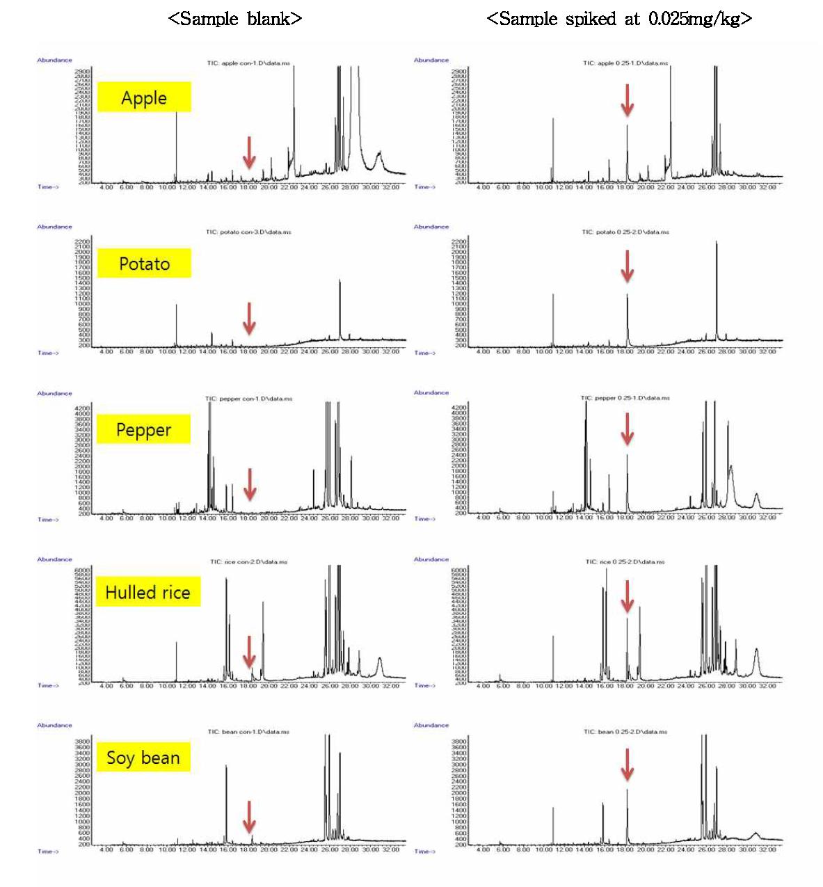 Chromatogram of sample extracts obtained by sample preparation and GC/MS SIM mode analysis at 0.025mg/kg spiking level