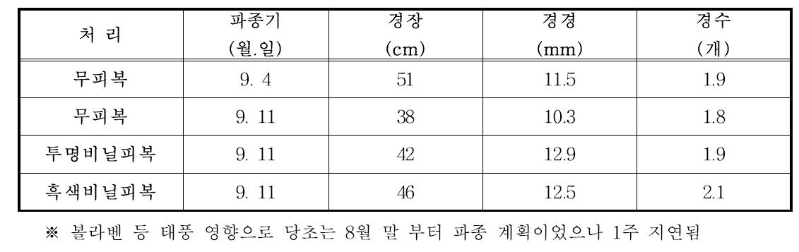 처리별 지상부 생육 특성(‘12년 가을재배)