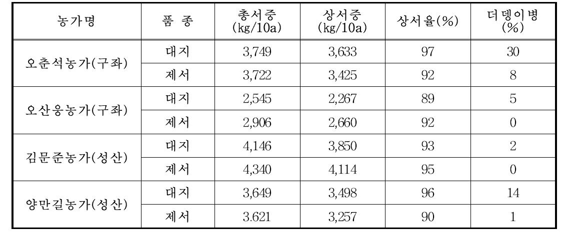 동부지역 가을재배 실증시험 포장별 수량