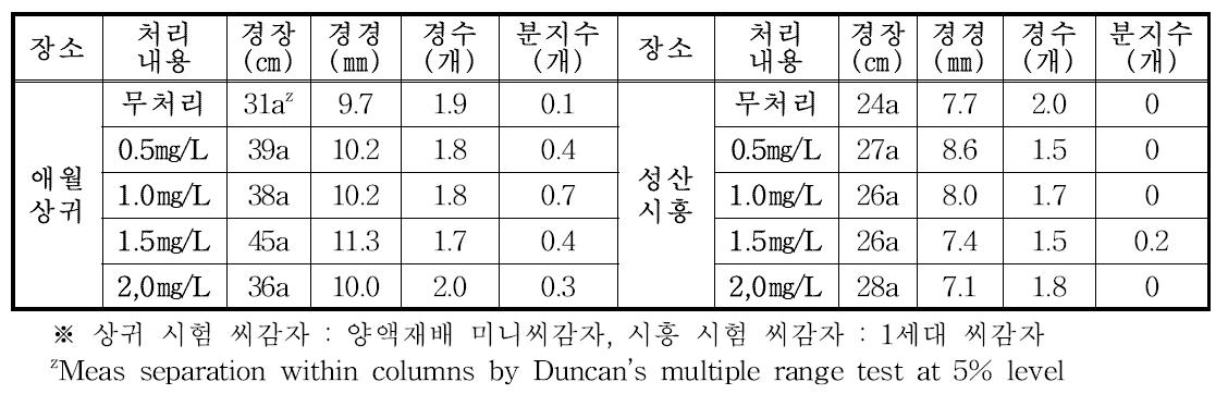 가을재배 붕산 엽면시비에 따른 생육상황