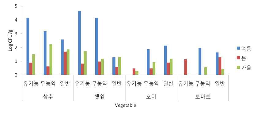 봄, 여름, 가을 샘플의 B. cereus 검출율 비교