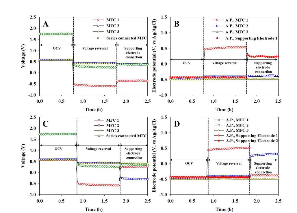 미생물연료전지 내에 들어있는 단위 전극 (MFC1, 2, 3)와 직렬연결된 전극(Series connected MFC)의 OCV, CCV, Supporting electrode connection Voltage와 전극 potential 값