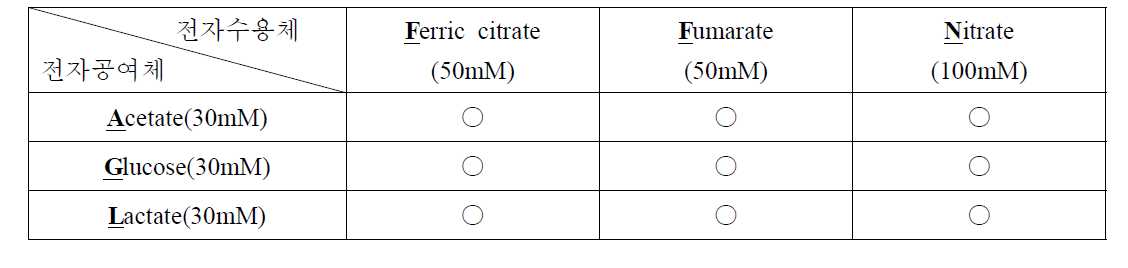 분리 배지의 전자공여체 및 전자수용체 종류 및 농도