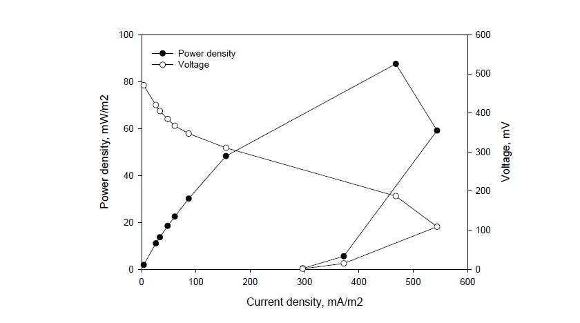 미생물연료전지의 전압생성량 및 전력밀도