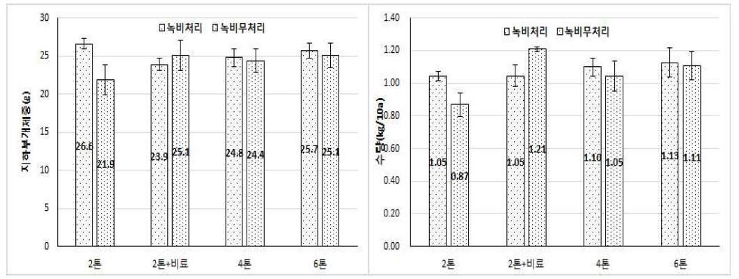 퇴비시비량별 녹비재배에 따른 개체특성 및 수량