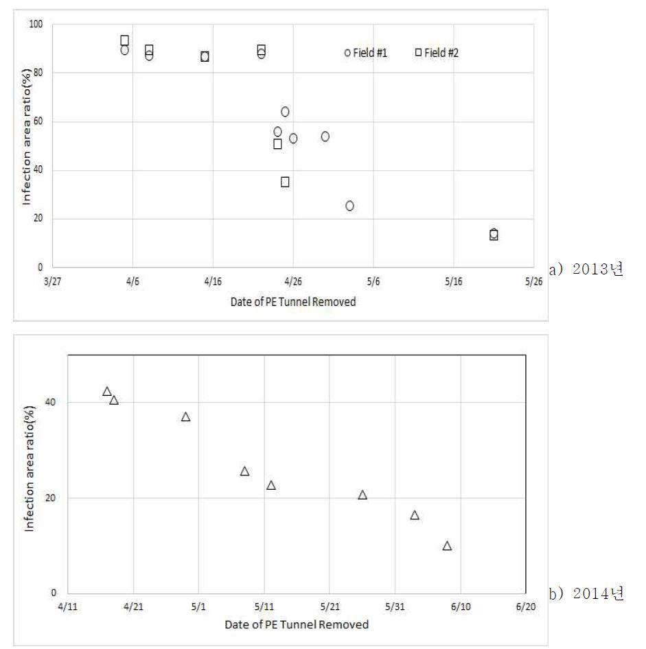 PE필름 터널제거에 의한 잎마름병의 발생시기의 추정