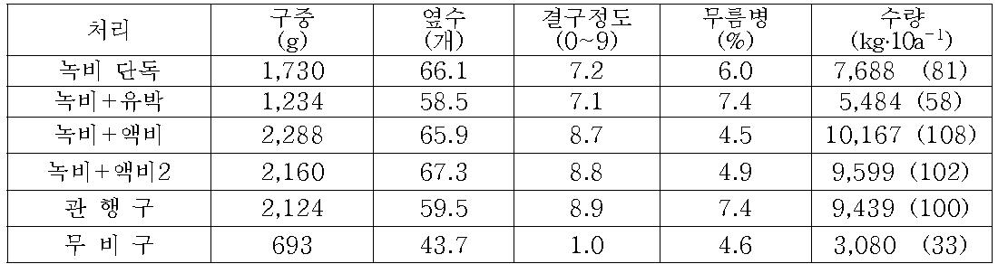 녹비처리 방법에 따른 봄배추의 생육과 수량(7월 8일 수확)