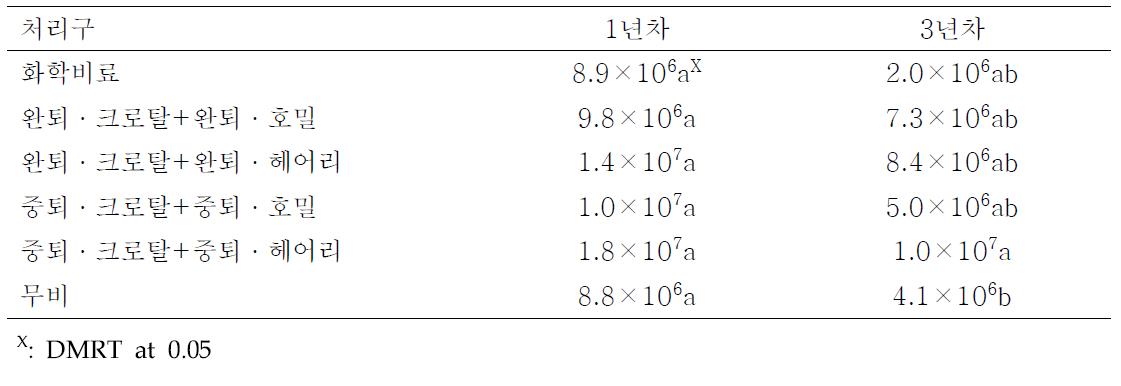유기물 처리 1년차, 3년차 토양의 방선균 밀도 비교