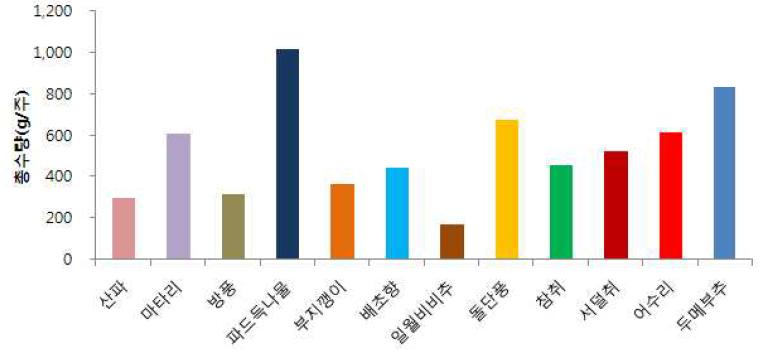 2012 수집 자생채소의 2년차 재배시 신선엽 총수량 비교