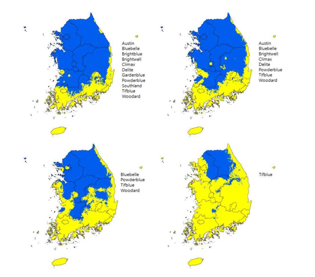 지역별 평년(1981-2010) 최저온도를 바탕으로 구분한 래빗아이 블루베리 품종별 재배 안전지대