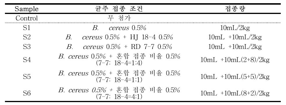 B. cereus 오염 별미장 제조시, RD7-7와 HJ18-4를 혼합 접종 비율