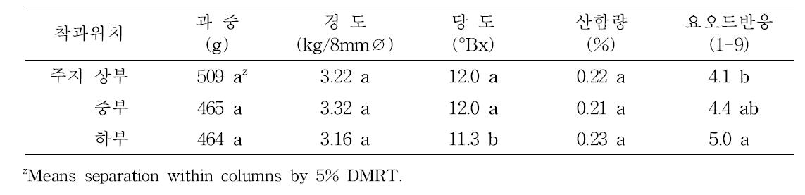 원황의 일시 수확시 Y자 수형에서의 착과위치별 과실특성 및 요오드반응(8.23)