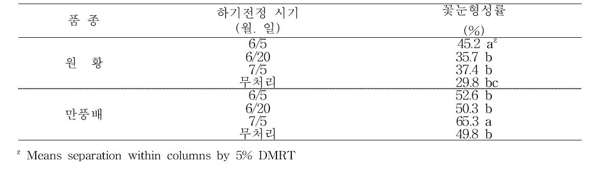 하기 전정 처리별 꽃눈형성률(%)