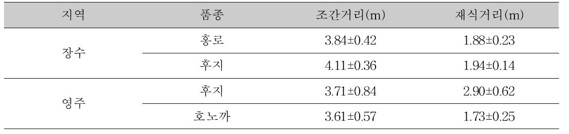 지역별, 품종별 열간거리 및 주간거리