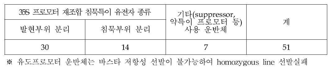 Homozygous line이 확보된 유전자 및 운반체