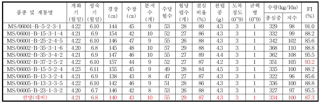 1대잡종 예비시험 생육 및 수량특성