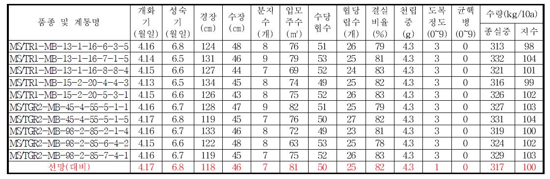 1대잡종 예비시험 생육 및 수량특성