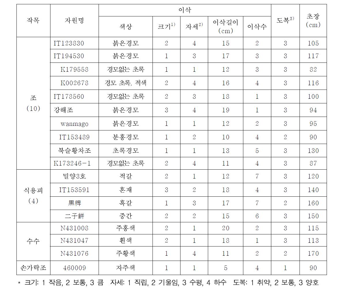 1차 선발된 자원의 형태 및 재배적 특징