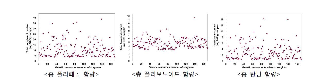 수수 유전자원 169계통 총 폴리페놀, 플라보노이드, 탄닌 함량