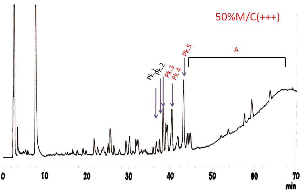 검정에 사용된 50%M/C3 HPLC 분획 살충활성 관여 추정 피크들과 뒷부분