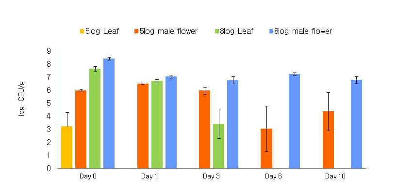 접종 농도에 따른 멜론 잎과 수꽃에서의 리스테리아균 밀도 변화