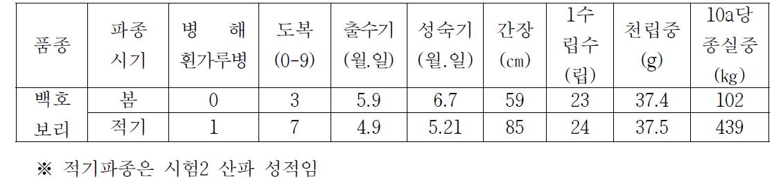 생육 수량특성 비교