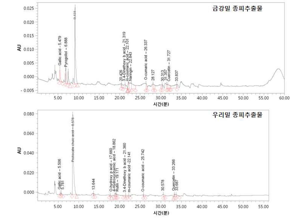 금강밀과 우리밀 종피추출물 함유 성분의 HPLC Chromatogram