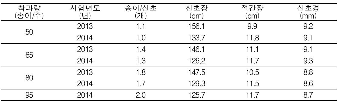 신품종 진옥의 착과량 처리별 신초의 생육비교