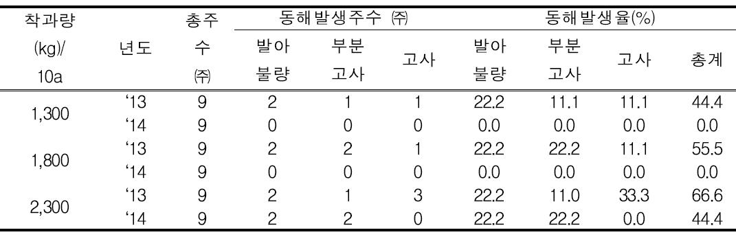 ‘청수’ 착과량별 동해발생율